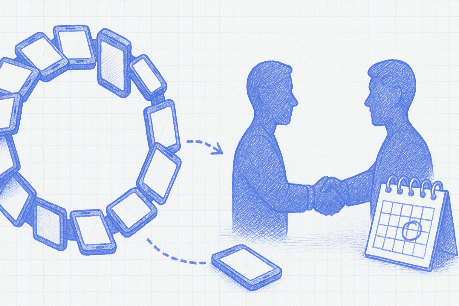 Blueprint illustration of a swipe interface branching into either a repeating engagement loop or a handshake and calendar representing an arranged meeting