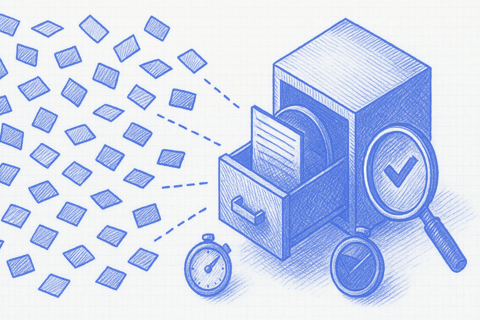 Blueprint illustration of a fact being written into an encrypted vault, then tested after a time gap with a reworded query and scored pass or fail