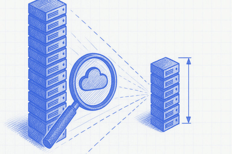 Blueprint illustration of a tall server-rack tower shrinking to half its height in a matching, neatly stacked tower