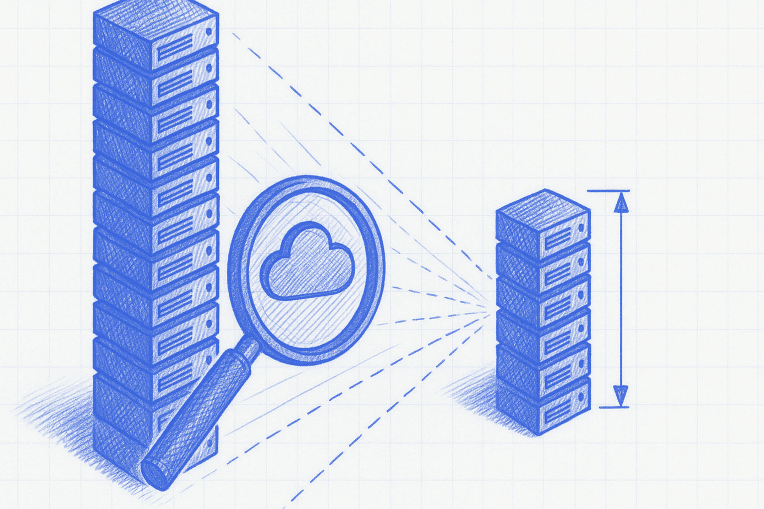 Blueprint illustration of a tall server-rack tower shrinking to half its height in a matching, neatly stacked tower