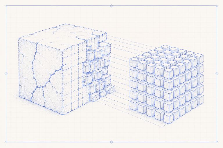 Blueprint illustration of a cracked monolithic block disassembling into an orderly grid of small cubes