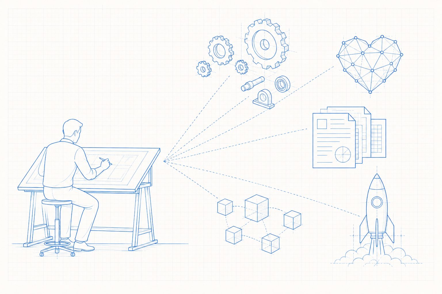 Blueprint illustration of a founder at a drafting table, dashed lines fanning out to gears, a networked heart, documents, and a rocket