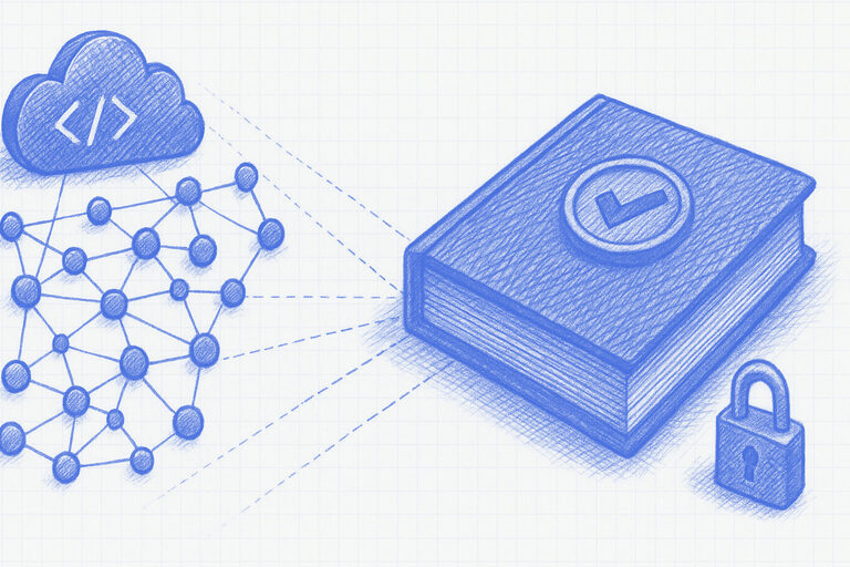 Blueprint illustration of a commit graph inspected by a magnifying glass leading to a shield and audit checkmark, with a faint unaudited shadow laptop in the background