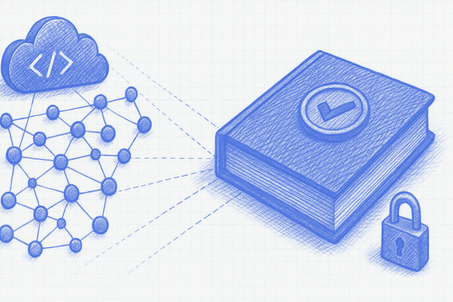Blueprint illustration of a commit graph inspected by a magnifying glass leading to a shield and audit checkmark, with a faint unaudited shadow laptop in the background