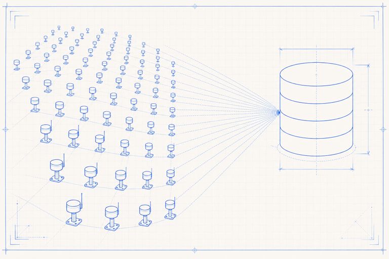 Blueprint illustration of a field of sensor devices with dashed signal lines converging into a large database cylinder