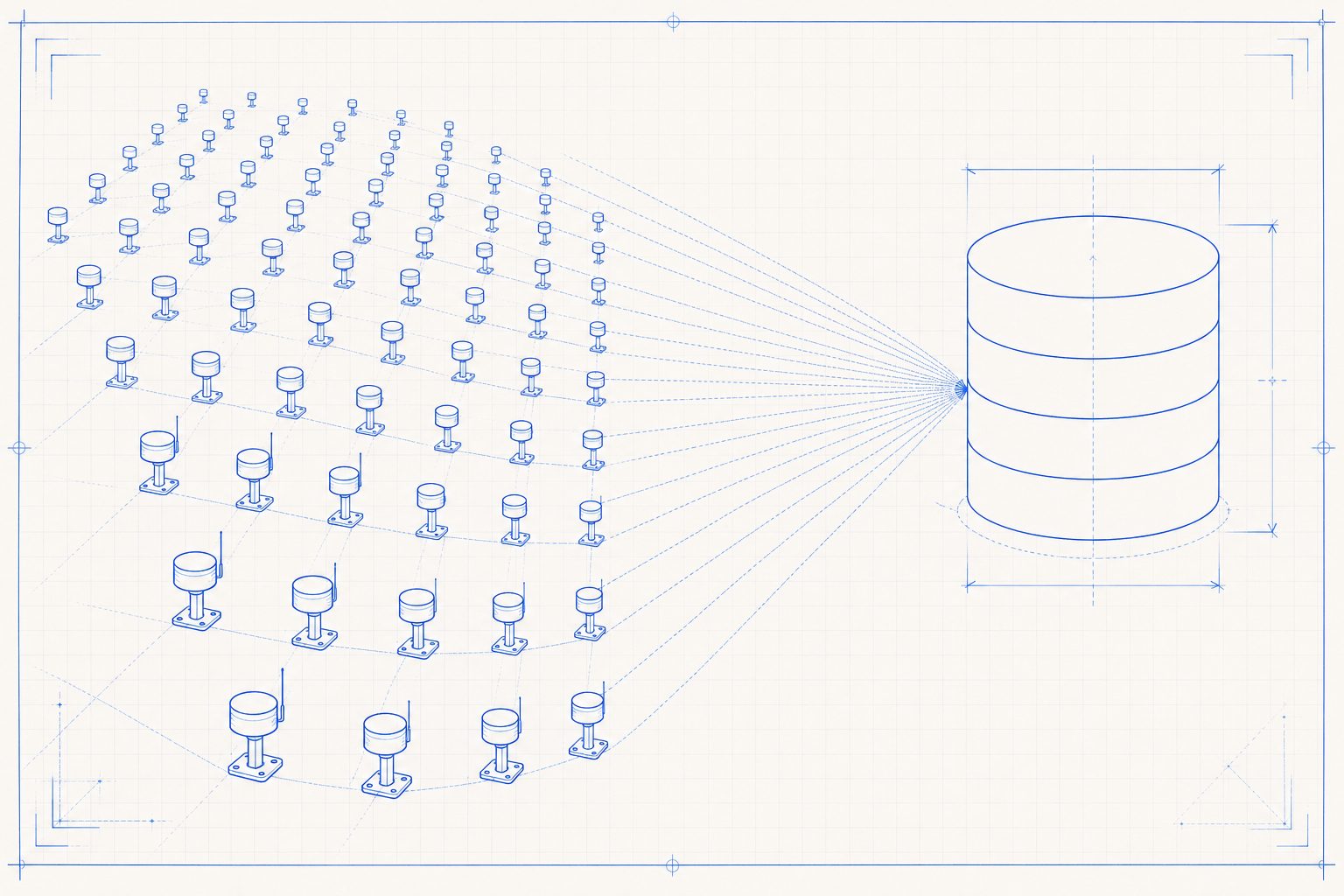 Blueprint illustration of a field of sensor devices with dashed signal lines converging into a large database cylinder